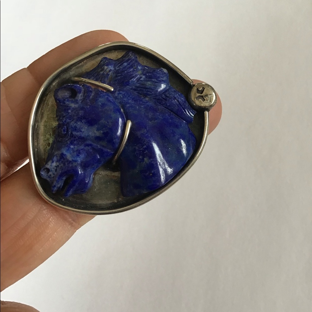 Heavy Sterling Carved Lapis Wild Horse Pendant - Picture 4 of 10